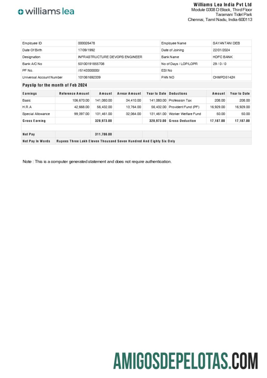 Em branco Modelo de recibo de pagamento do escritório corporativo Williams Lea India em formatos Word e PDF.pdf, 1